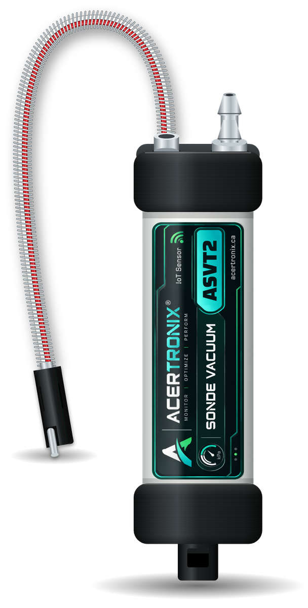 Sonde ASVT2 Acertronix : boîtier blanc, capuchons noirs, embout de tubulure et câble protégé par un ressort en acier inoxydable / Acertronix ASVT2 sensor: white housing, black caps, tubing nipple and stainless-spring-protected cable